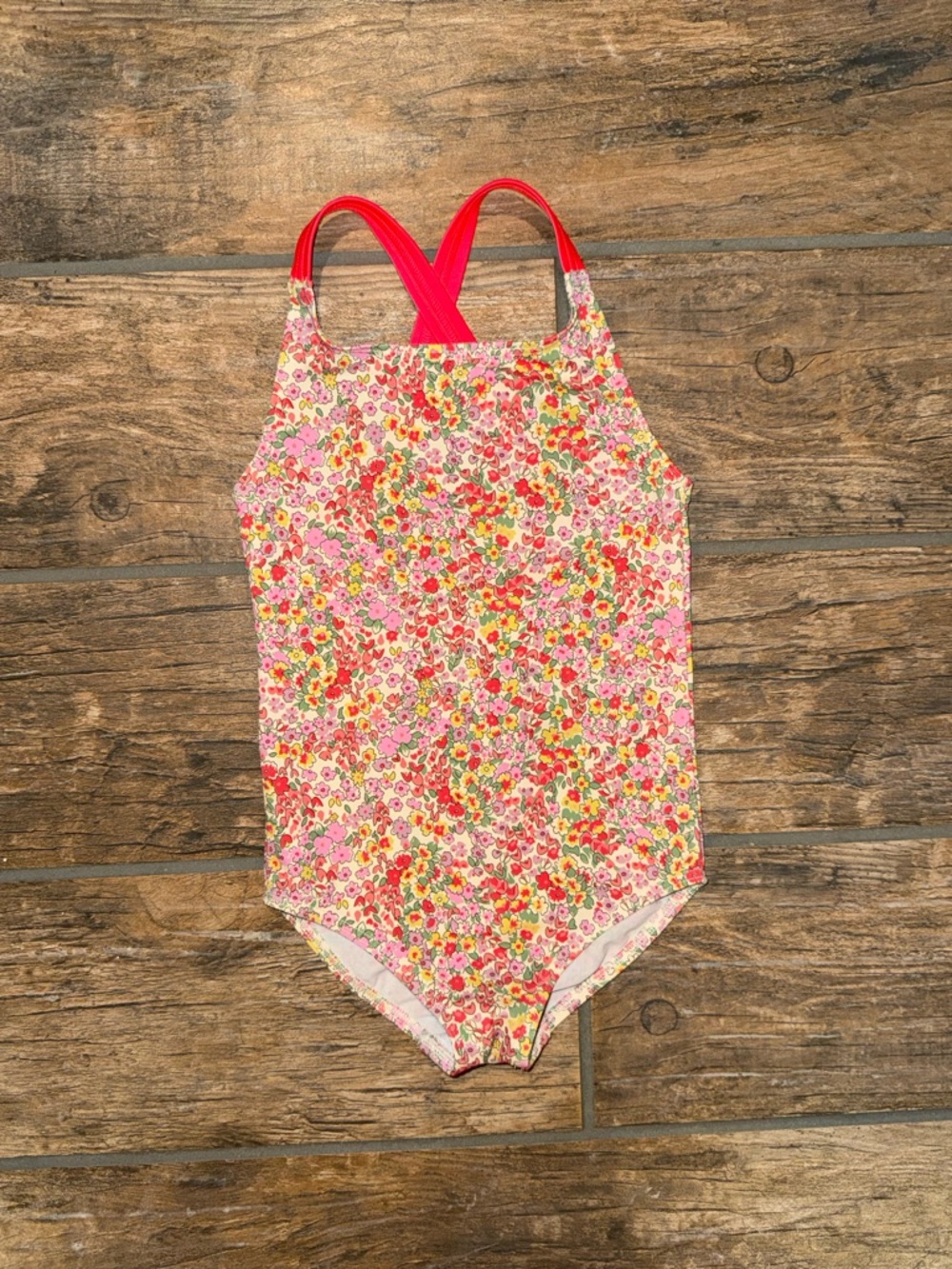 Boden Pink Floral One-Piece Swimsuit with Red Straps